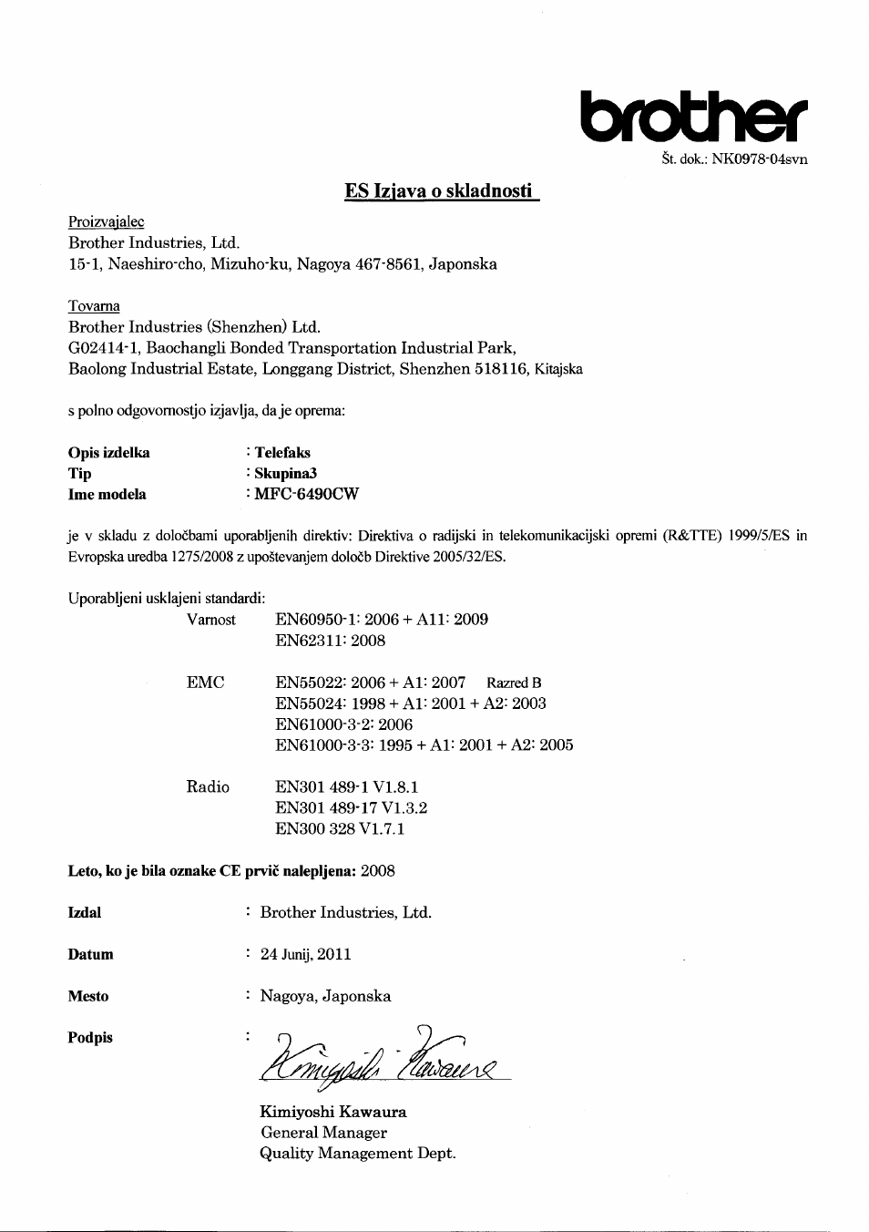 Bíottier, Es iziava o skladnosti, Telefaks | Leto, ko je bila oznake ce prvic nalepljena: 2008 | Brother MFC-5890CN User Manual | Page 14 / 14