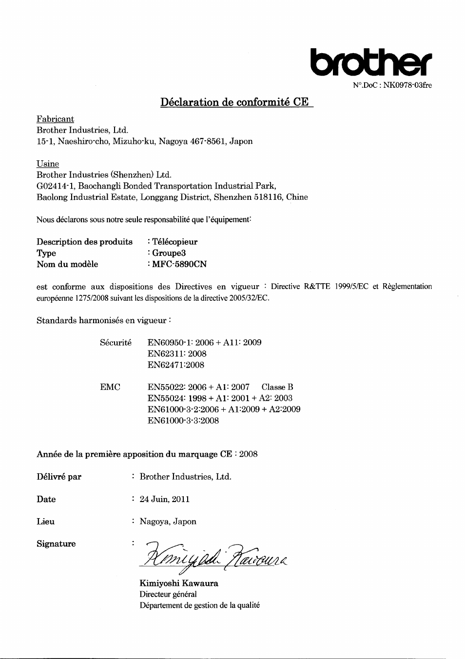 Déclaration de conformité ce, Brother | Brother MFC-5890CN User Manual | Page 3 / 14