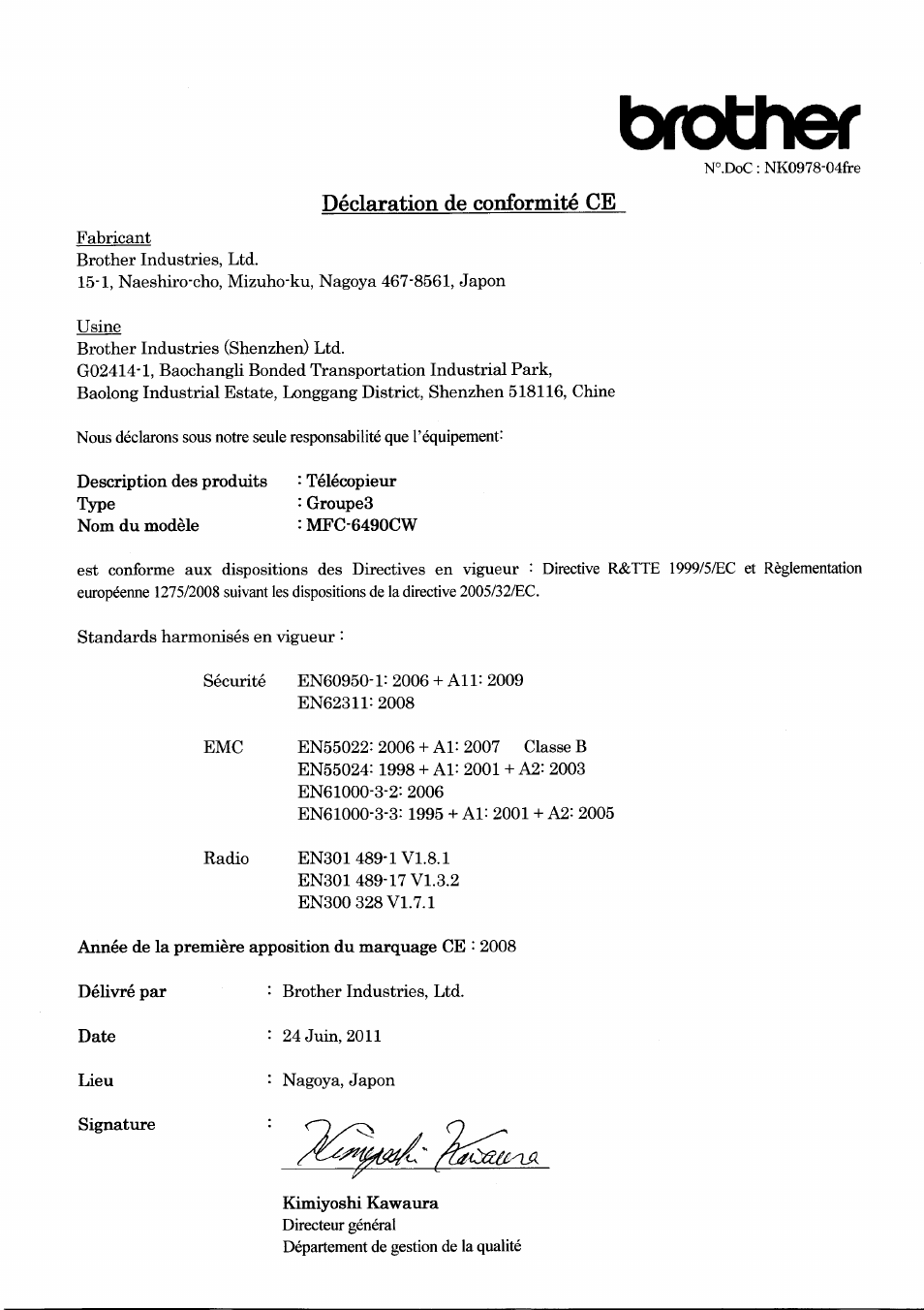 Déclaration de conformité ce, Brother | Brother MFC-5890CN User Manual | Page 4 / 14