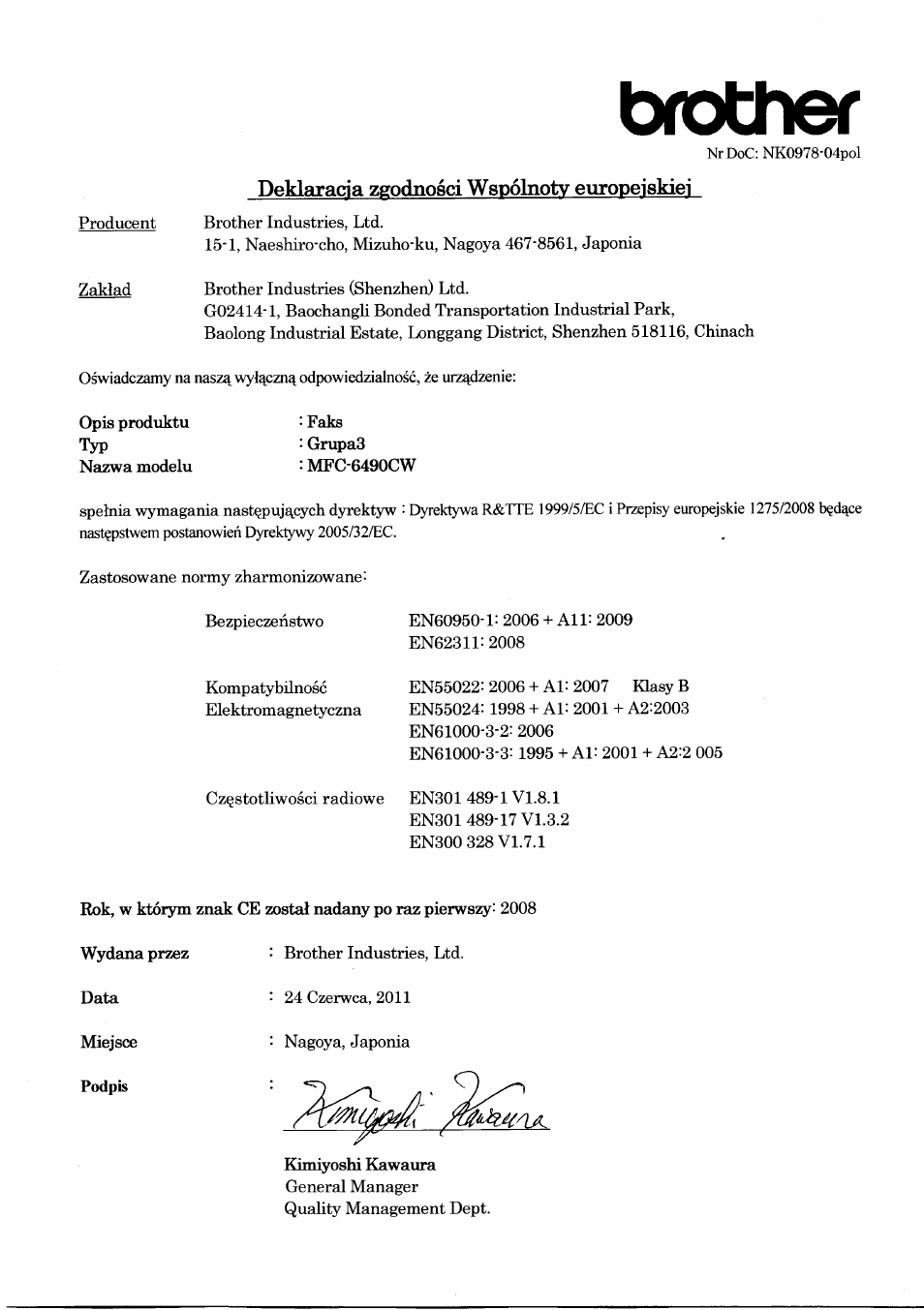Deklaracia zgodnosci wspolnotv europeiskiei, Bro№er | Brother MFC-5890CN User Manual | Page 8 / 14