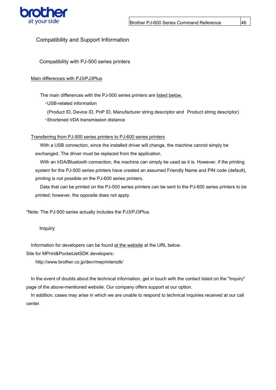 Compatibility and support information, Compatibility with pj-500 series printers, Inquiry | Brother PJ-622 User Manual | Page 48 / 48