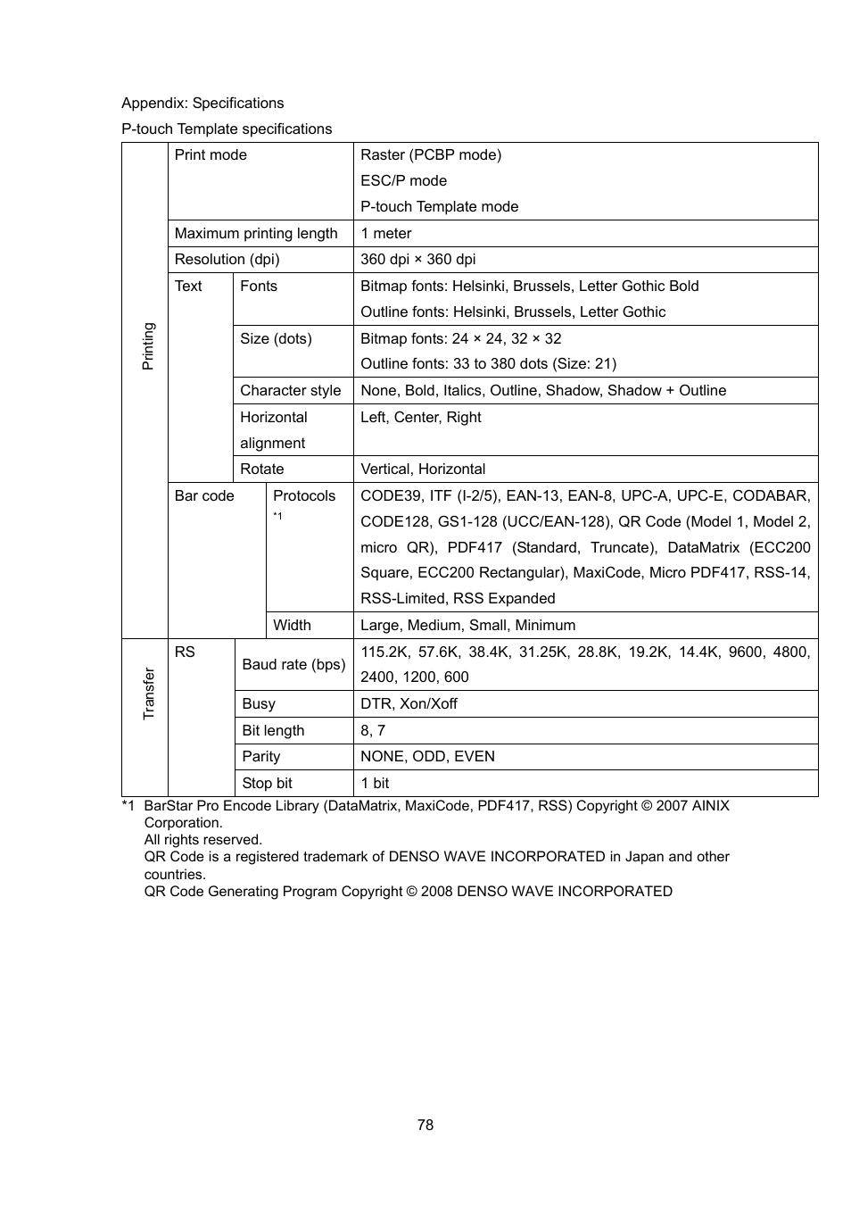 Appendix: specifications | Brother PT-9700PC User Manual | Page 104 / 104