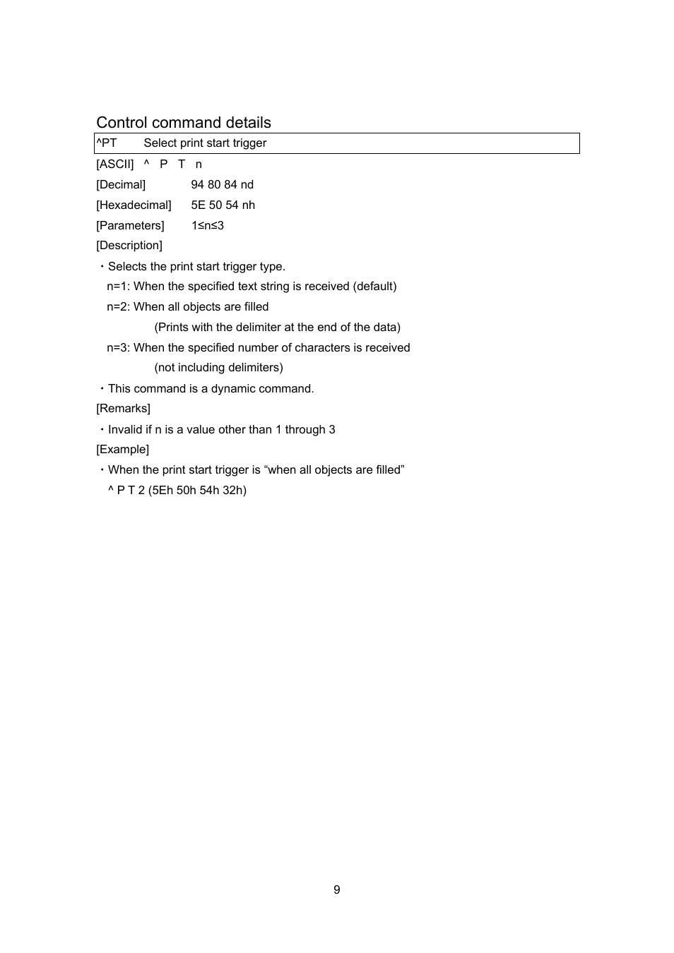 Control command details, Pt select print start trigger, Select print start trigger | Brother PT-9700PC User Manual | Page 35 / 104