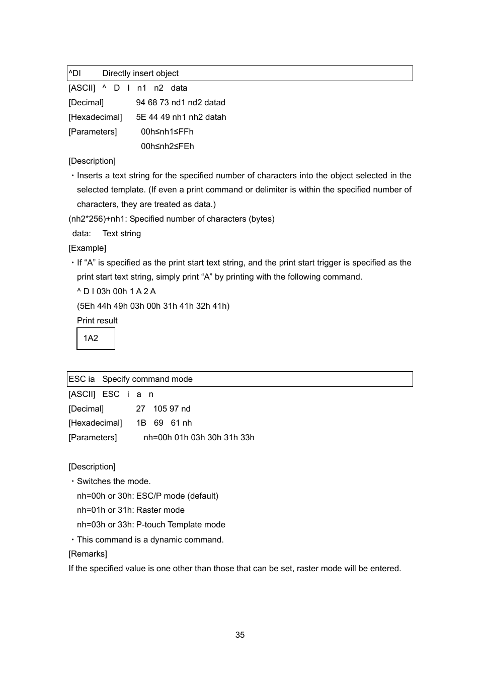 Di directly insert object, Esc ia specify command mode, Directly insert object | Esc ia, Specify command mode | Brother PT-9700PC User Manual | Page 61 / 104