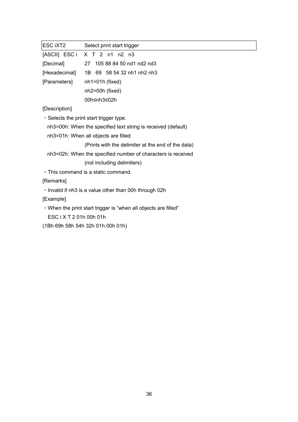 Esc ixt2 select print start trigger, Esc ixt2, Select print start trigger | Brother PT-9700PC User Manual | Page 62 / 104