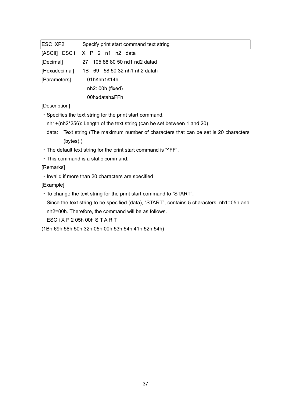 Esc ixp2 specify print start command text string, Esc ixp2, Specify print start command text string | Brother PT-9700PC User Manual | Page 63 / 104