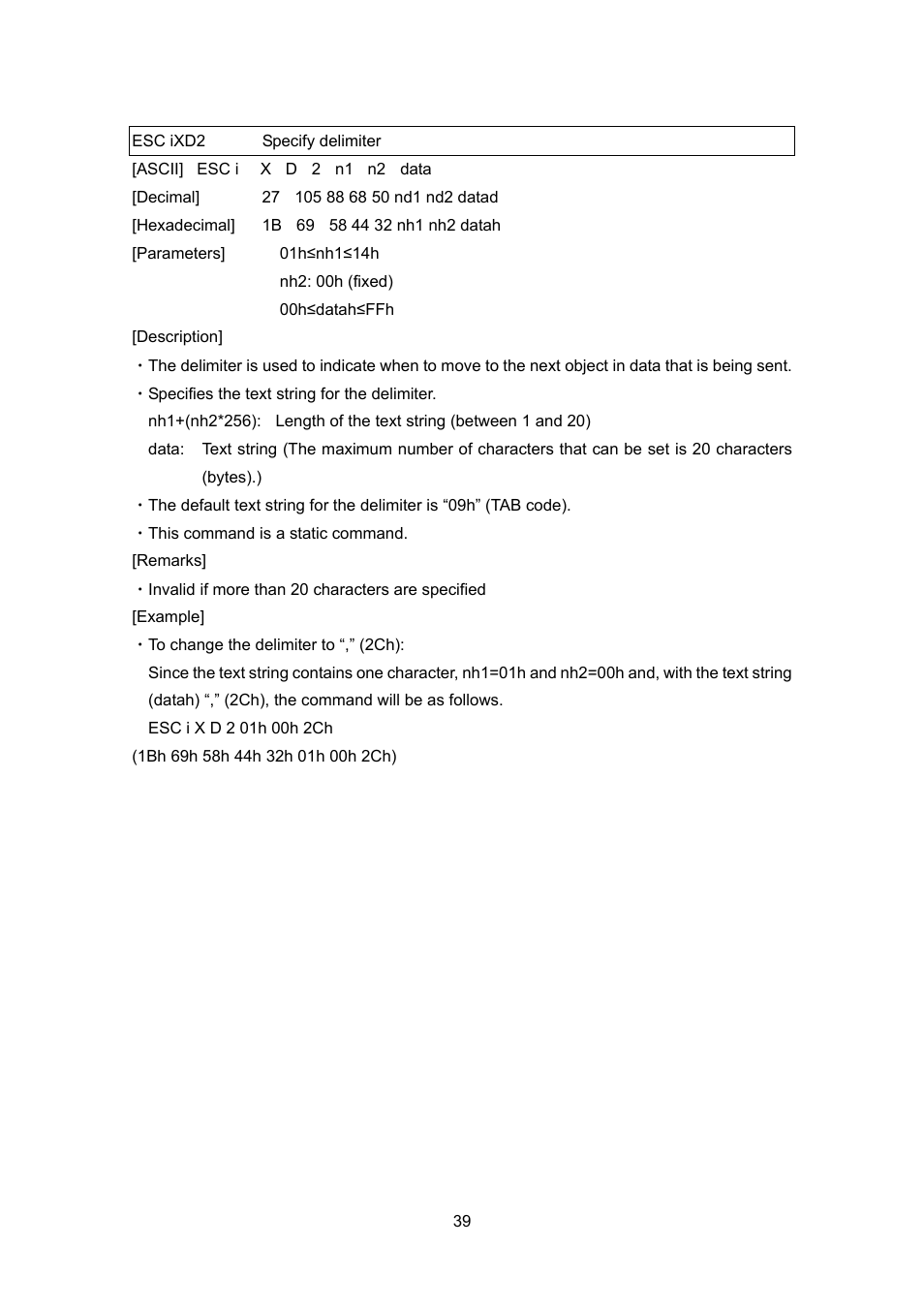 Esc ixd2 specify delimiter, Esc ixd2, Specify delimiter | Brother PT-9700PC User Manual | Page 65 / 104