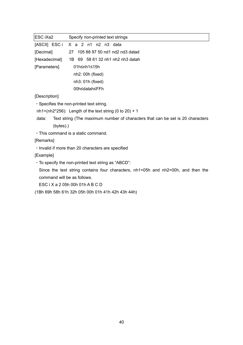 Esc ixa2 specify non-printed text strings, Esc ixa2, Specify non-printed text strings | Brother PT-9700PC User Manual | Page 66 / 104