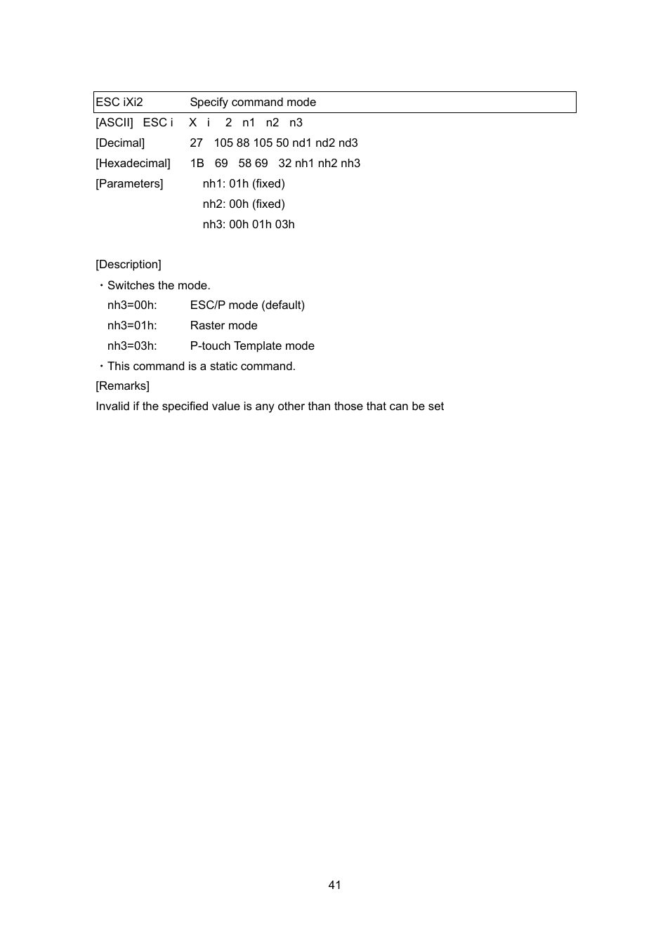 Esc ixi2 specify command mode, Esc ixi2, Specify command mode | Brother PT-9700PC User Manual | Page 67 / 104