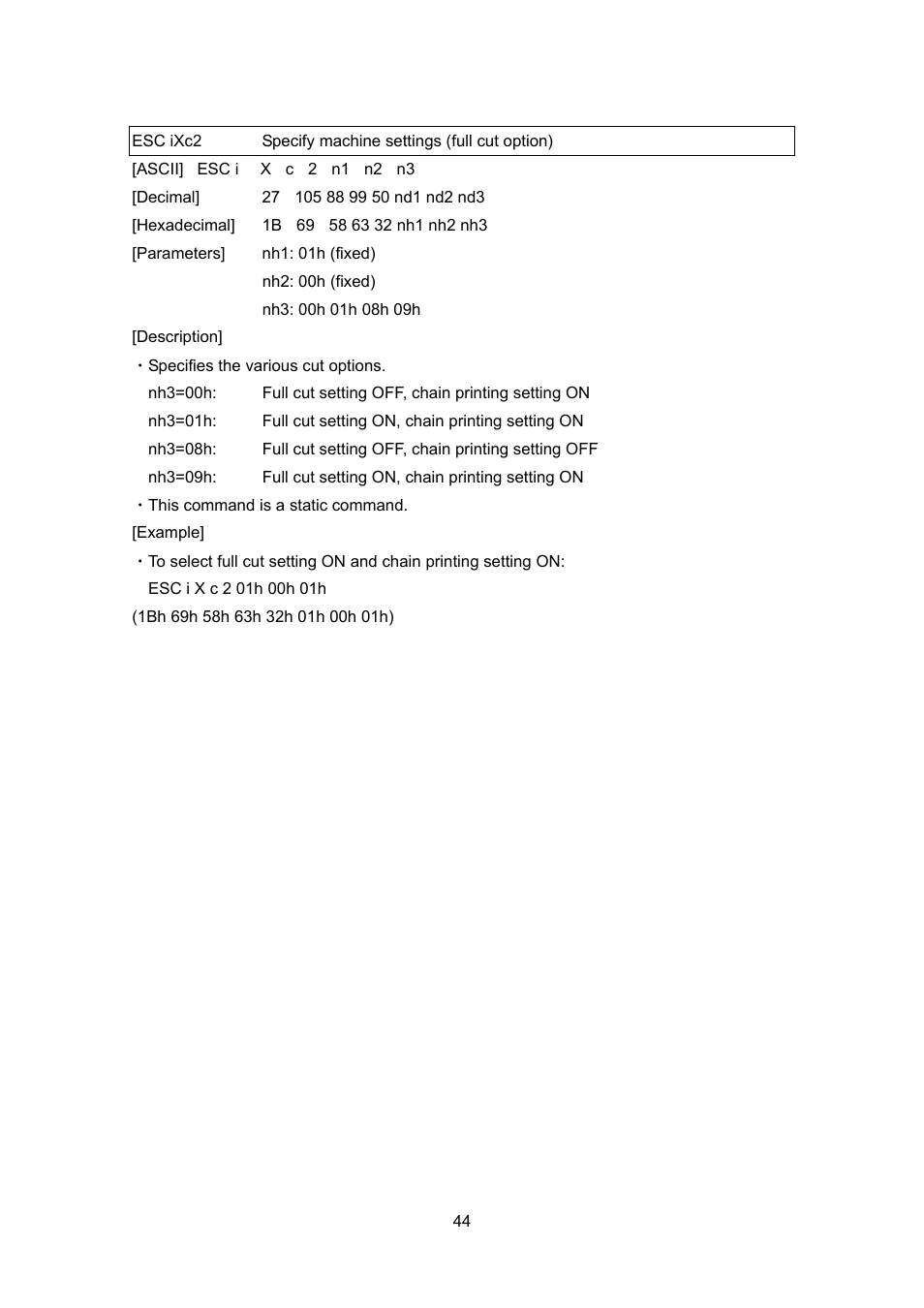 Esc ixc2, Specify machine settings (full cut option) | Brother PT-9700PC User Manual | Page 70 / 104