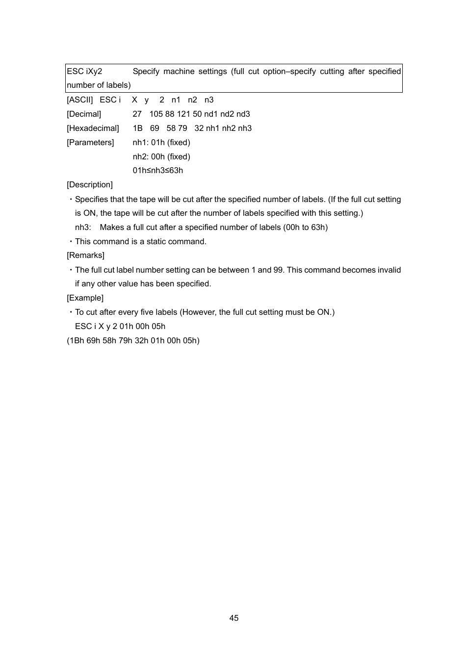 Esc ixy2, Number of labels) | Brother PT-9700PC User Manual | Page 71 / 104