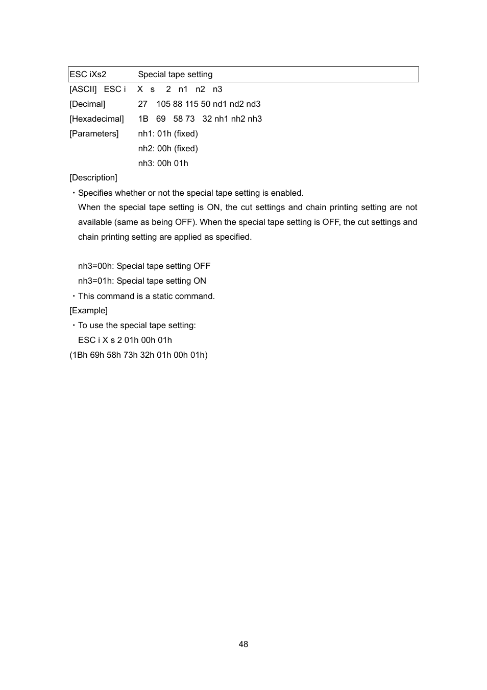 Esc ixs2 special tape setting, Esc ixs2, Special tape setting | Brother PT-9700PC User Manual | Page 74 / 104