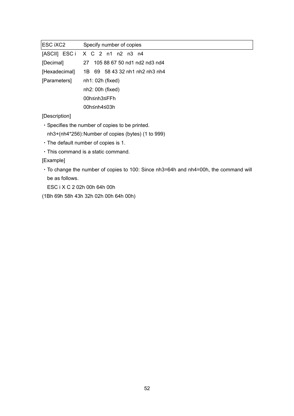 Esc ixc2 specify number of copies, Esc ixc2, Specify number of copies | Brother PT-9700PC User Manual | Page 78 / 104