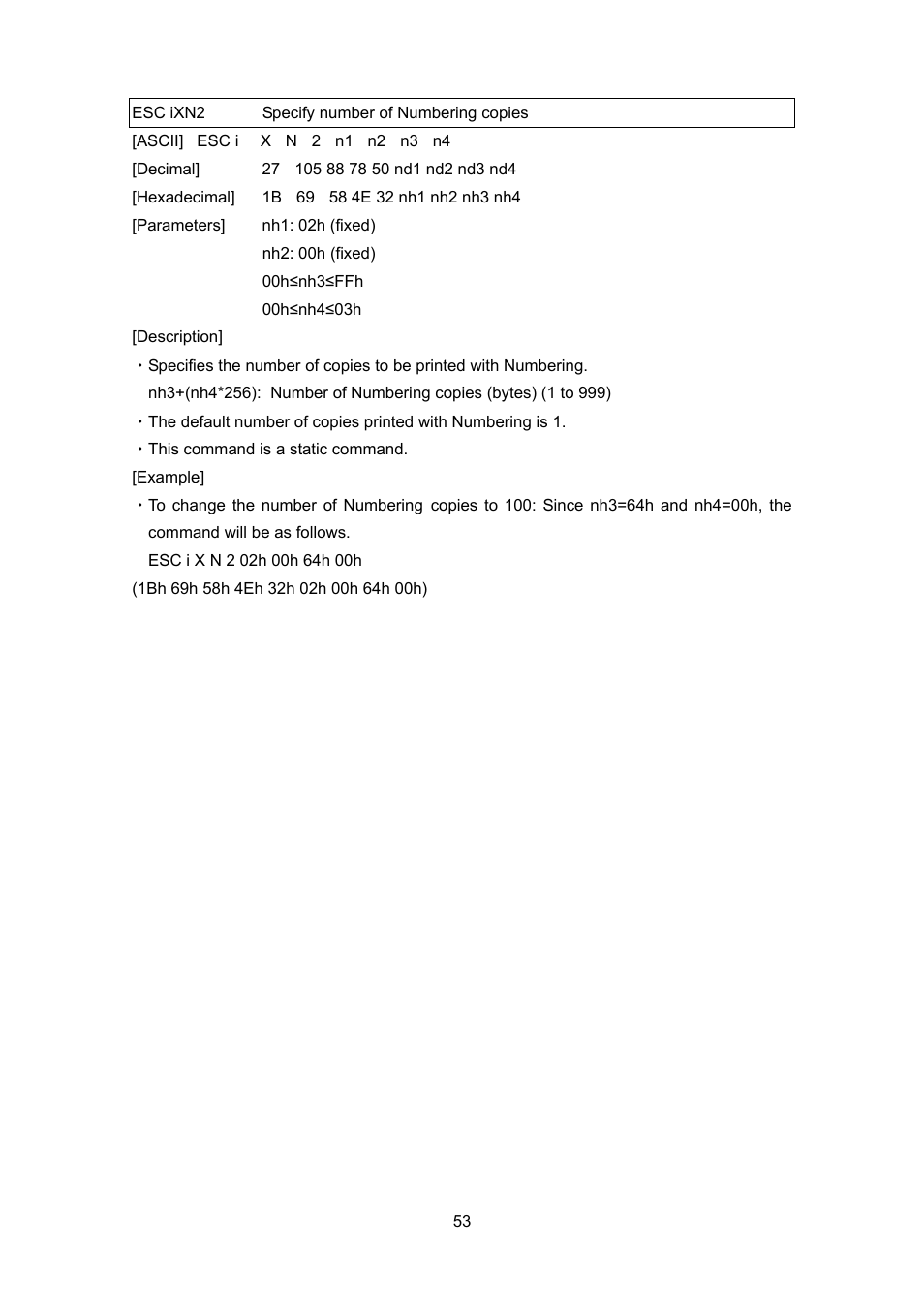 Esc ixn2 specify number of numbering copies, Esc ixn2, Specify number of numbering copies | Brother PT-9700PC User Manual | Page 79 / 104