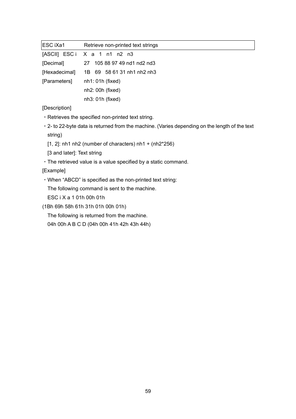 Esc ixa1 retrieve non-printed text strings, Esc ixa1, Retrieve non-printed text strings | Brother PT-9700PC User Manual | Page 85 / 104