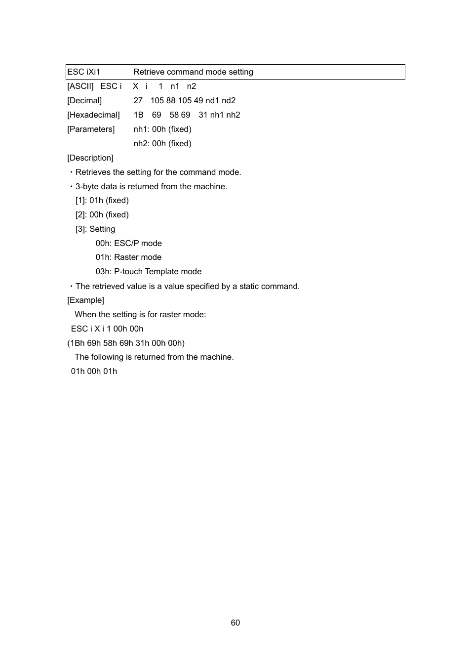 Esc ixi1 retrieve command mode setting, Esc ixi1, Retrieve command mode setting | Brother PT-9700PC User Manual | Page 86 / 104