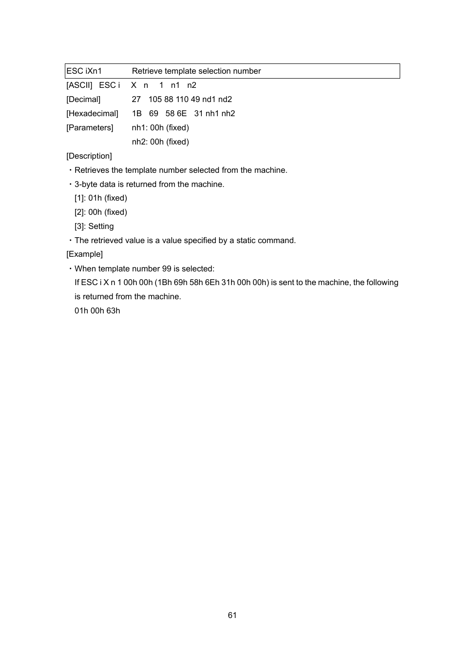 Esc ixn1 retrieve template selection number, Esc ixn1, Retrieve template selection number | Brother PT-9700PC User Manual | Page 87 / 104