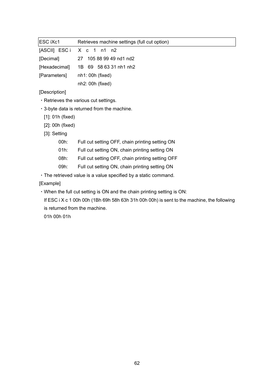 Esc ixc1, Retrieves machine settings (full cut option) | Brother PT-9700PC User Manual | Page 88 / 104