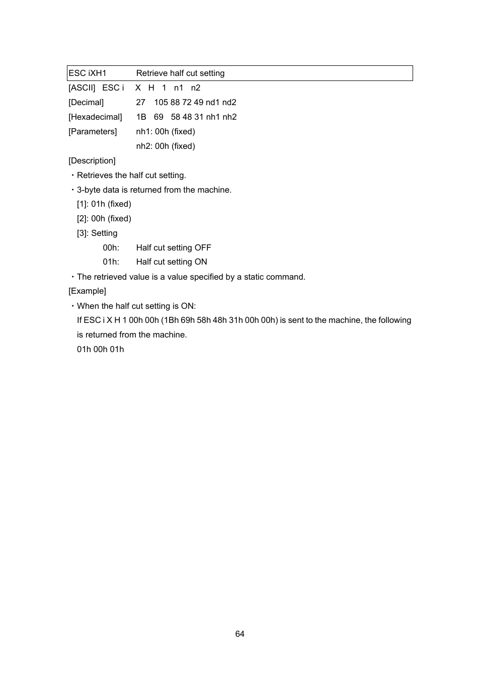 Esc ixh1 retrieve half cut setting, Esc ixh1, Retrieve half cut setting | Brother PT-9700PC User Manual | Page 90 / 104