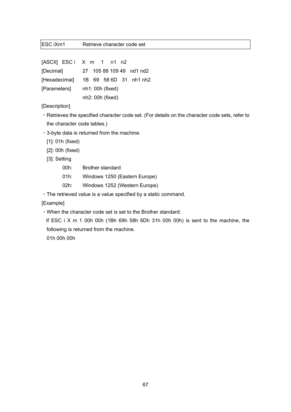 Esc ixm1 retrieve character code set, Esc ixm1, Retrieve character code set | Brother PT-9700PC User Manual | Page 93 / 104