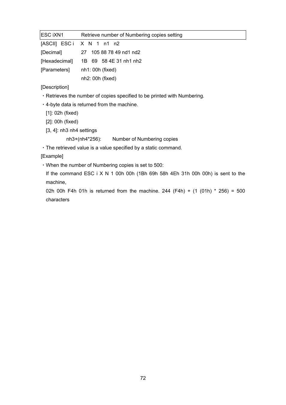 Esc ixn1, Retrieve number of numbering copies setting | Brother PT-9700PC User Manual | Page 98 / 104