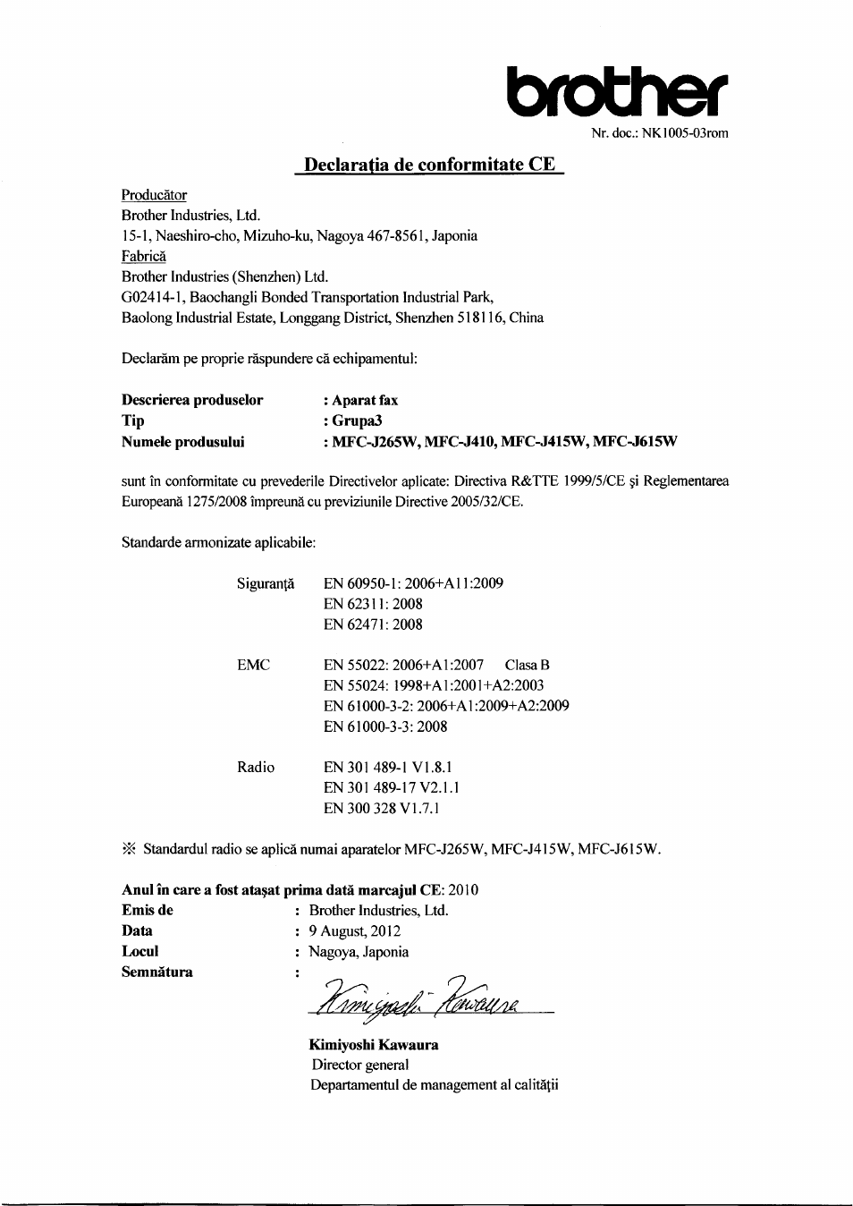 Declaratia de conformitate ce, Aparat fax : grupa3, Brother | Brother MFC J265W User Manual | Page 11 / 14