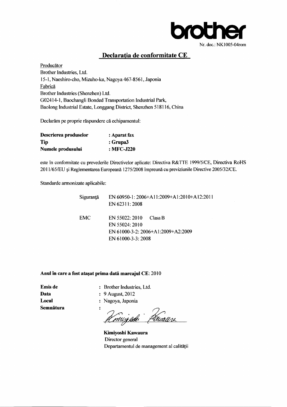 Declaratia de conformitate ce, Descrierea produselor tip, Kimiyoshi kawaura | Brother | Brother MFC J265W User Manual | Page 12 / 14