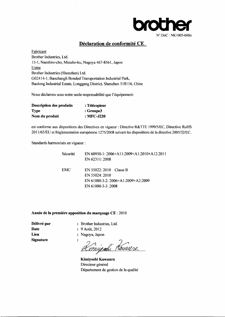 Déclaration de conformité ce, Description des produits type, Kimiyoshi kawaura | Brother | Brother MFC J265W User Manual | Page 4 / 14