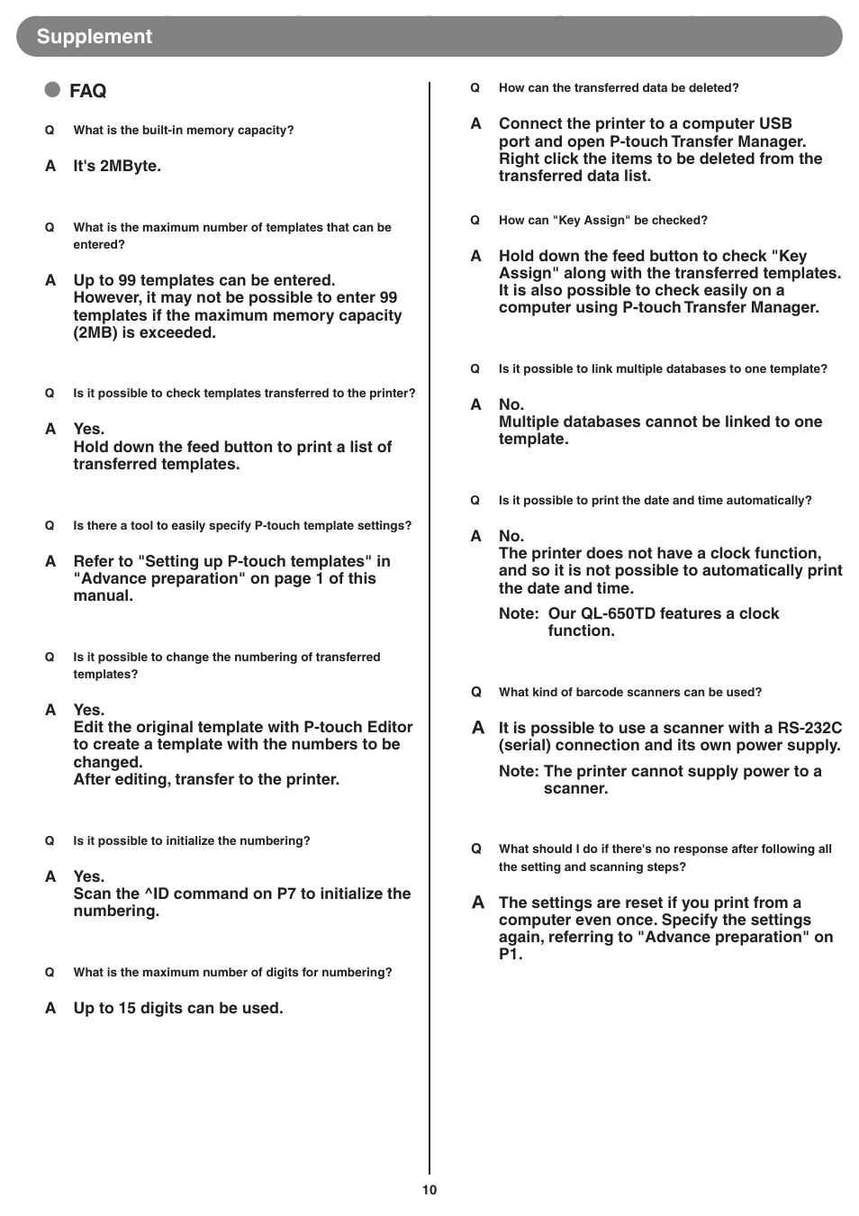 Supplement | Brother TD-4000 User Manual | Page 10 / 10