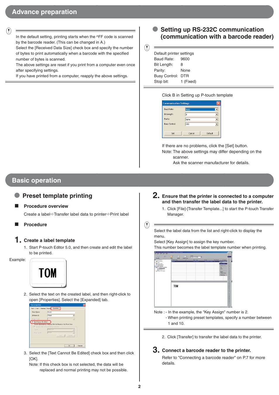 Advance preparation, Basic operation, Preset template printing | Brother TD-4000 User Manual | Page 2 / 10