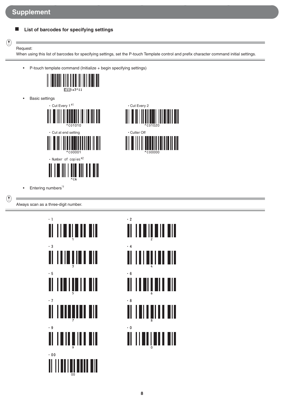 Supplement, List of barcodes for specifying settings | Brother TD-4000 User Manual | Page 8 / 10