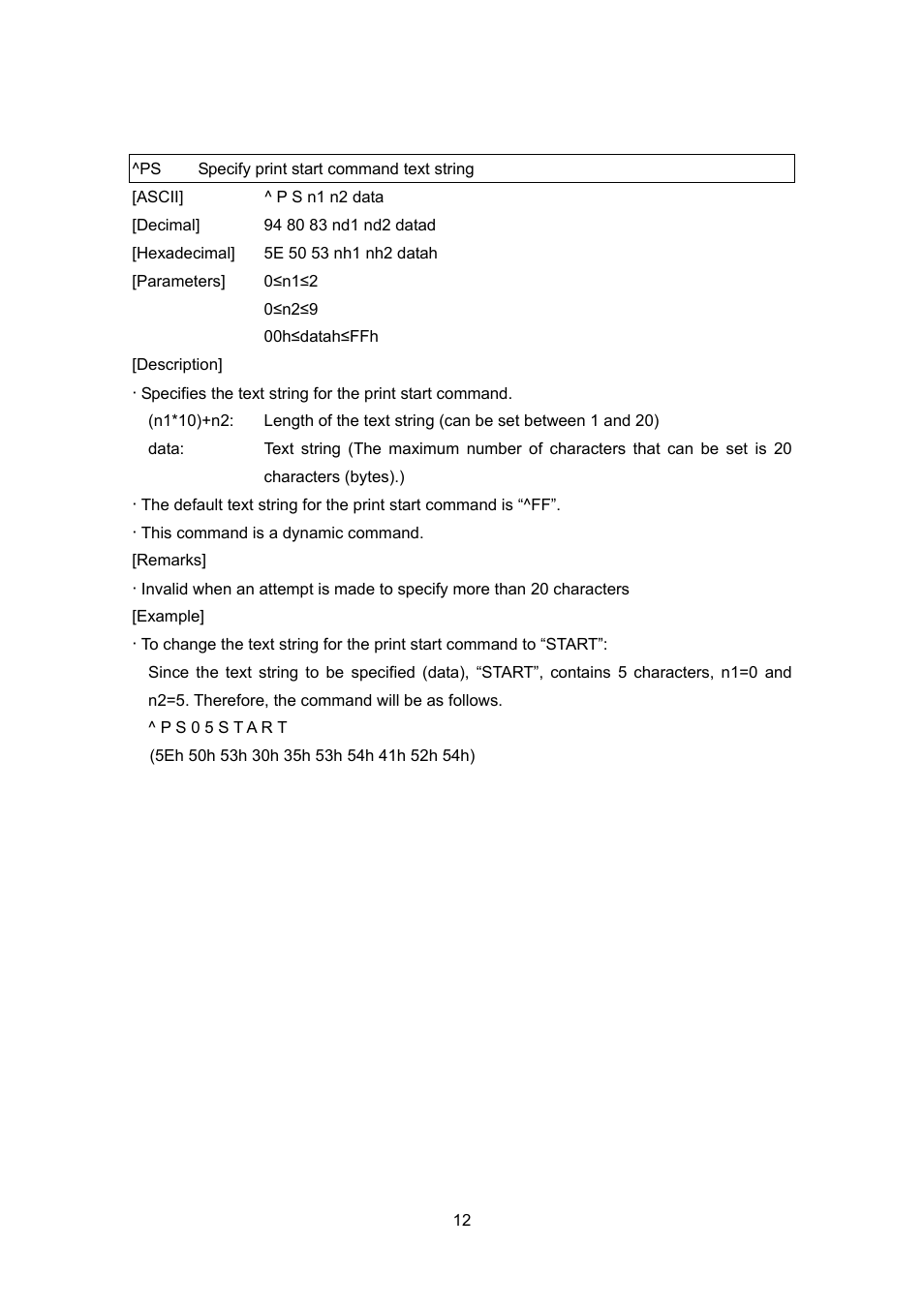 Ps specify print start command text string, Specify print start command text string | Brother MW-260 User Manual | Page 34 / 76