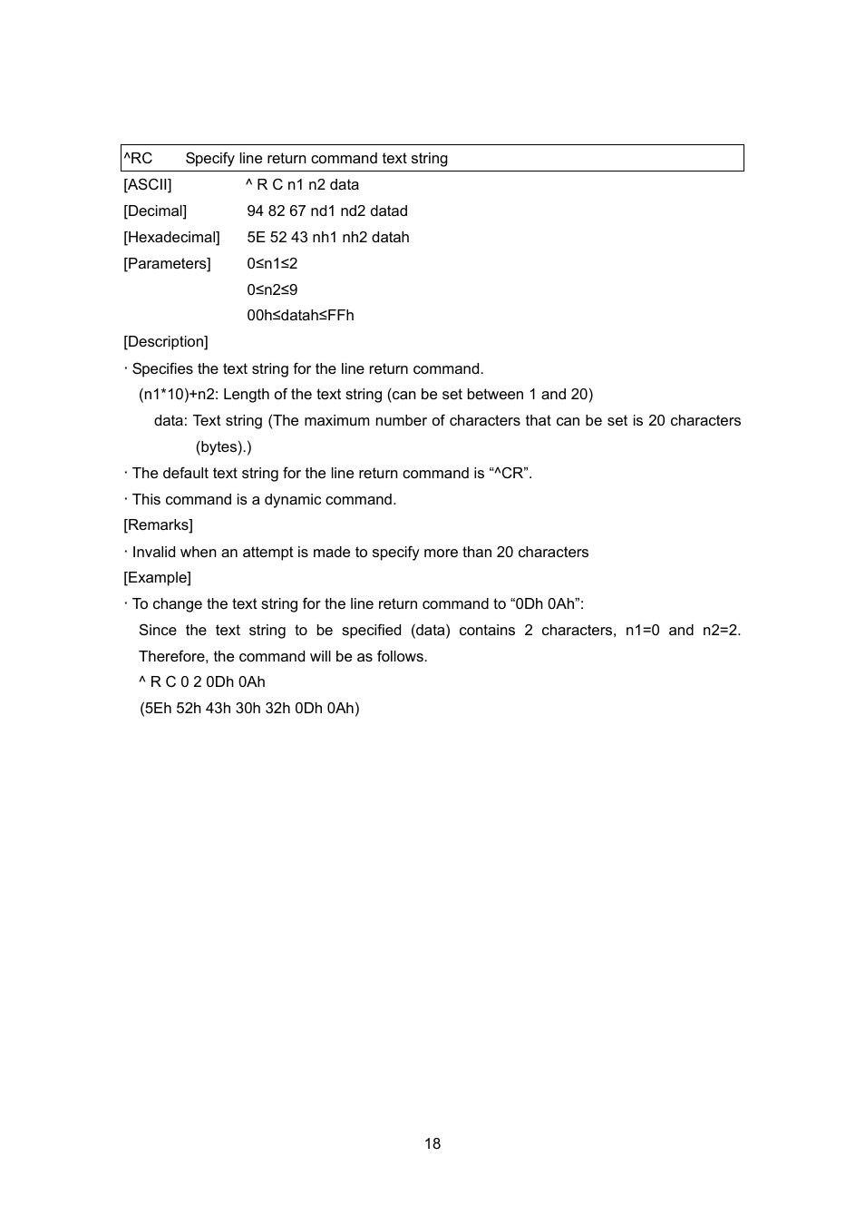 Rc specify line return command text string, Specify line return command text string | Brother MW-260 User Manual | Page 40 / 76