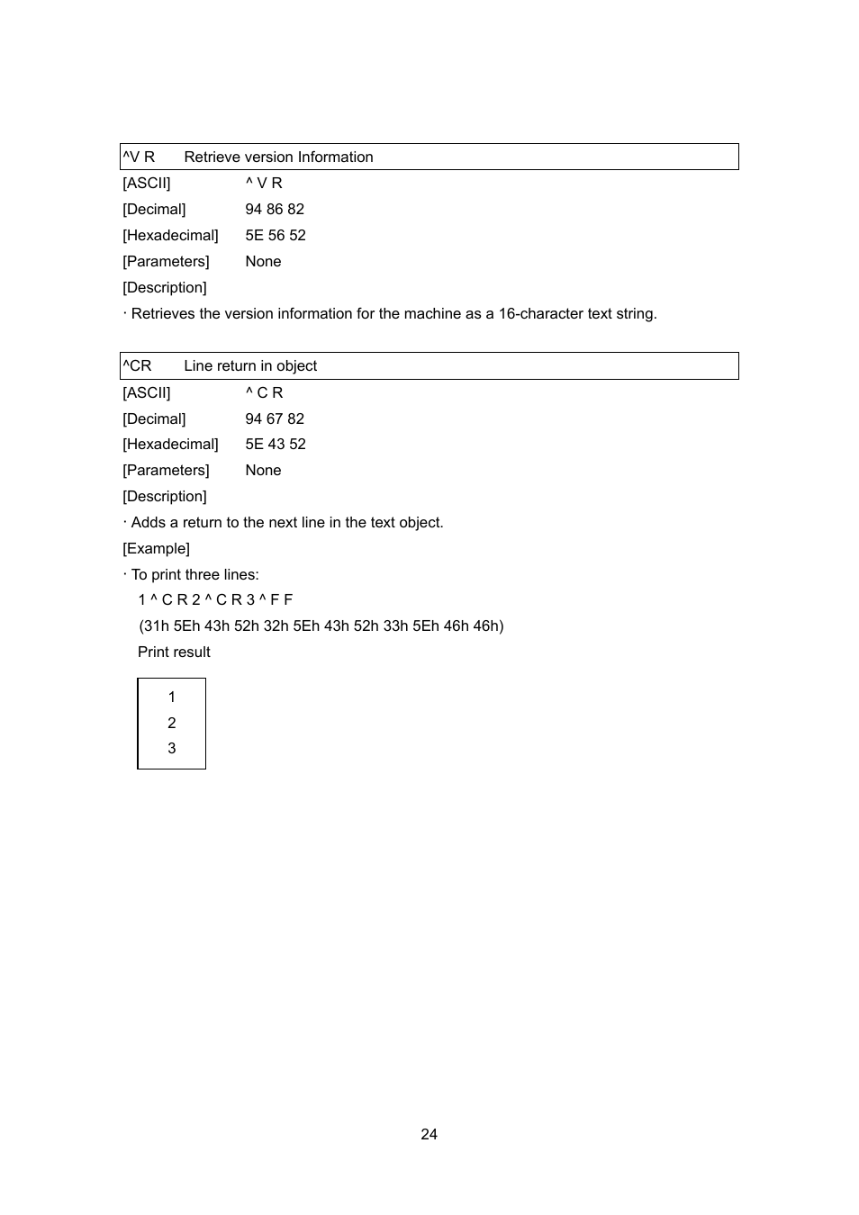 V r retrieve version information, Cr line return in object, Retrieve version information | Line return in object | Brother MW-260 User Manual | Page 46 / 76