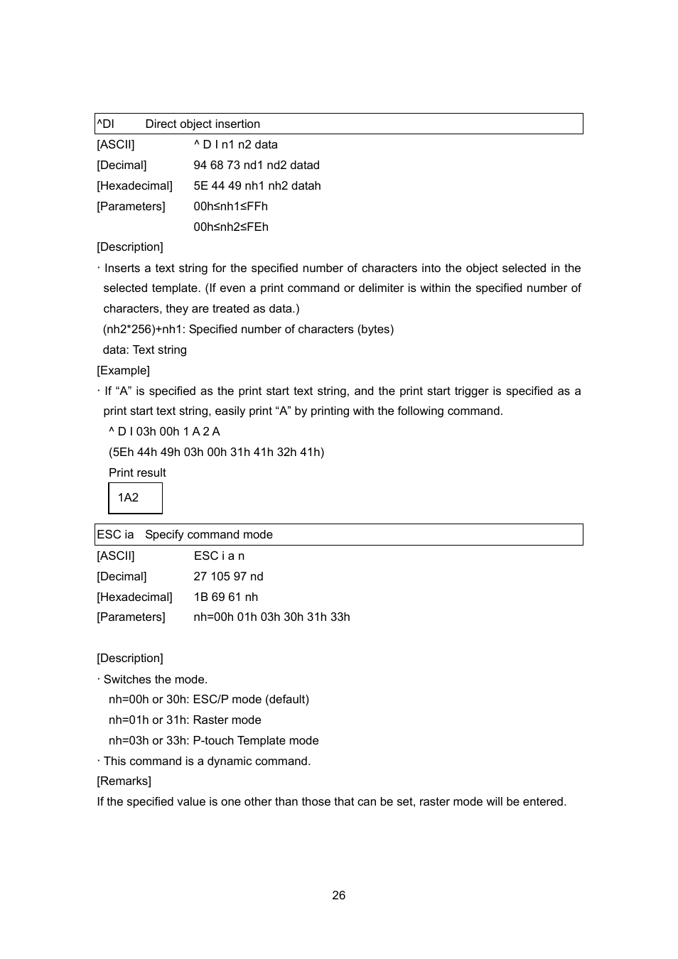 Di direct object insertion, Esc ia specify command mode, Direct object insertion | Esc ia, Specify command mode | Brother MW-260 User Manual | Page 48 / 76