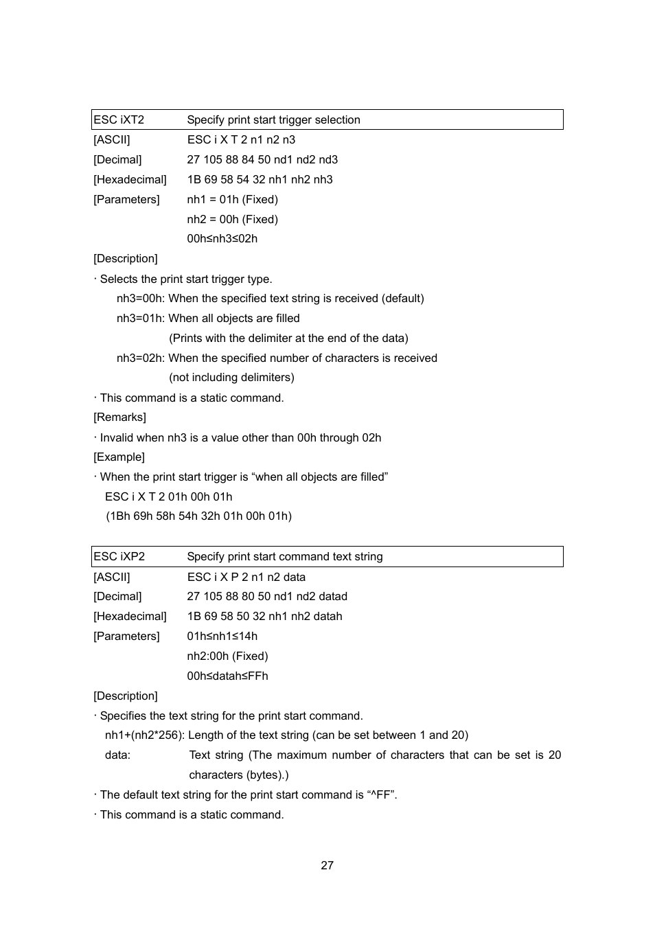 Esc ixt2 specify print start trigger selection, Esc ixp2 specify print start command text string | Brother MW-260 User Manual | Page 49 / 76