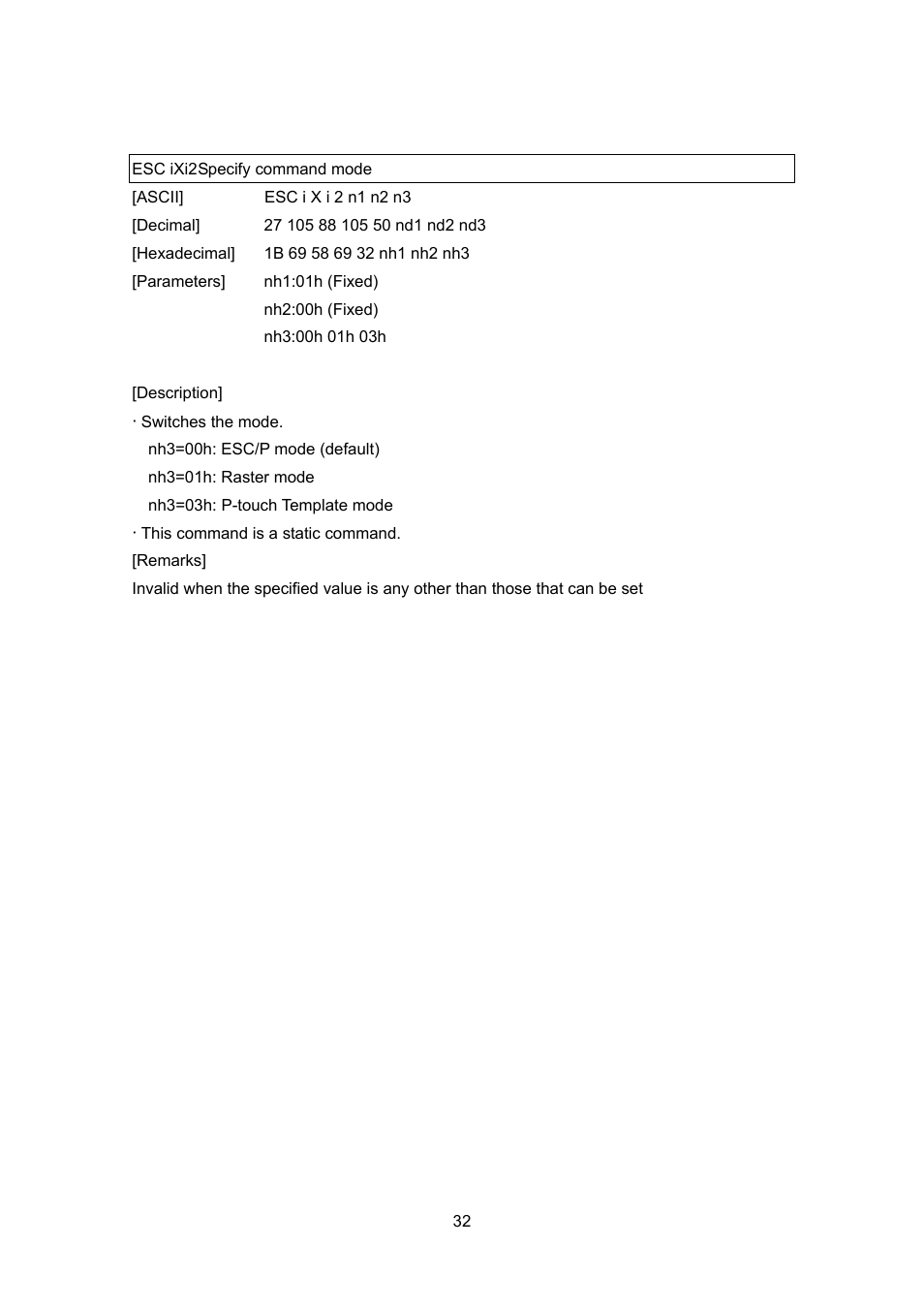 Esc ixi2 specify command mode | Brother MW-260 User Manual | Page 54 / 76