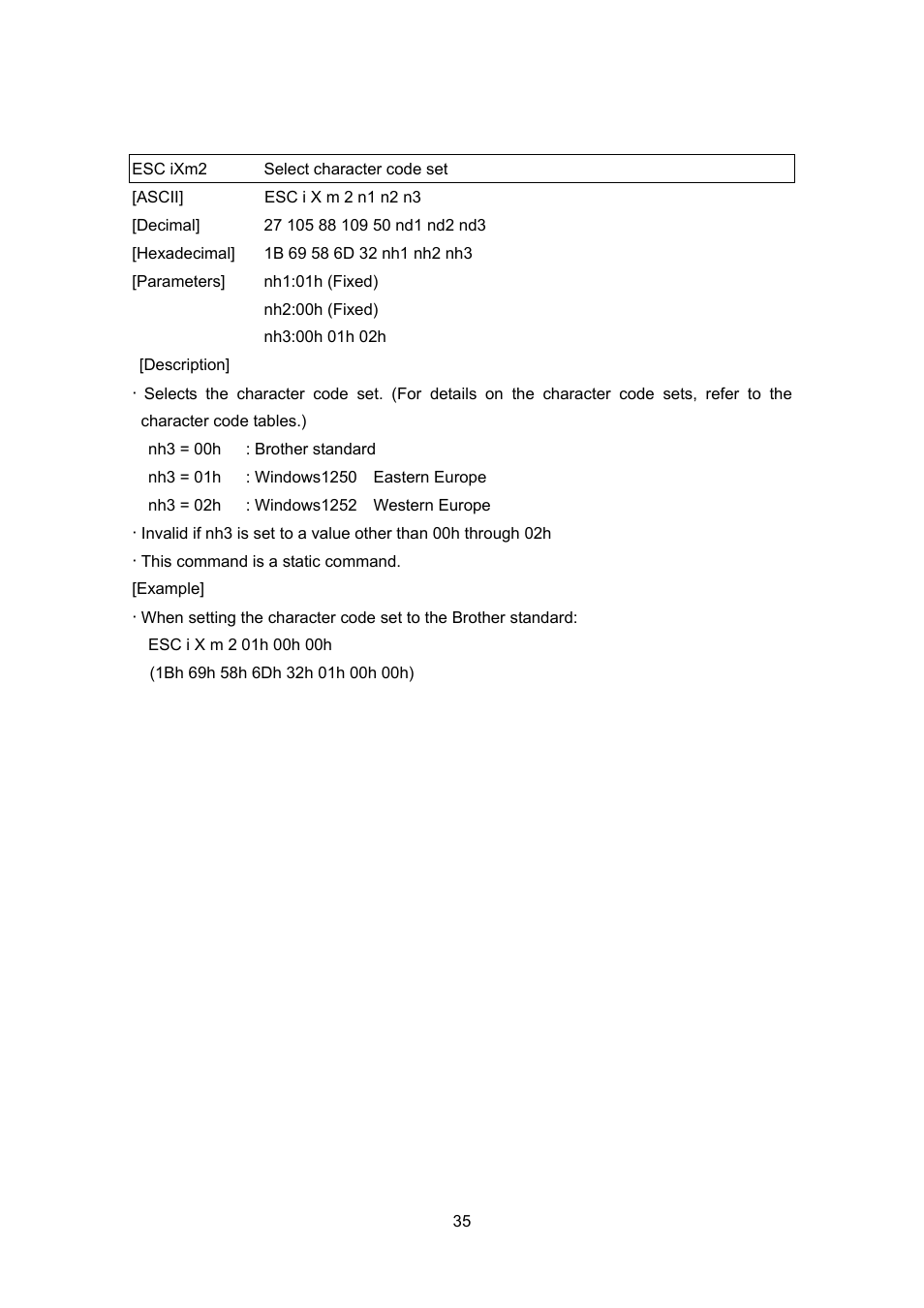 Esc ixm2 select character code set | Brother MW-260 User Manual | Page 57 / 76