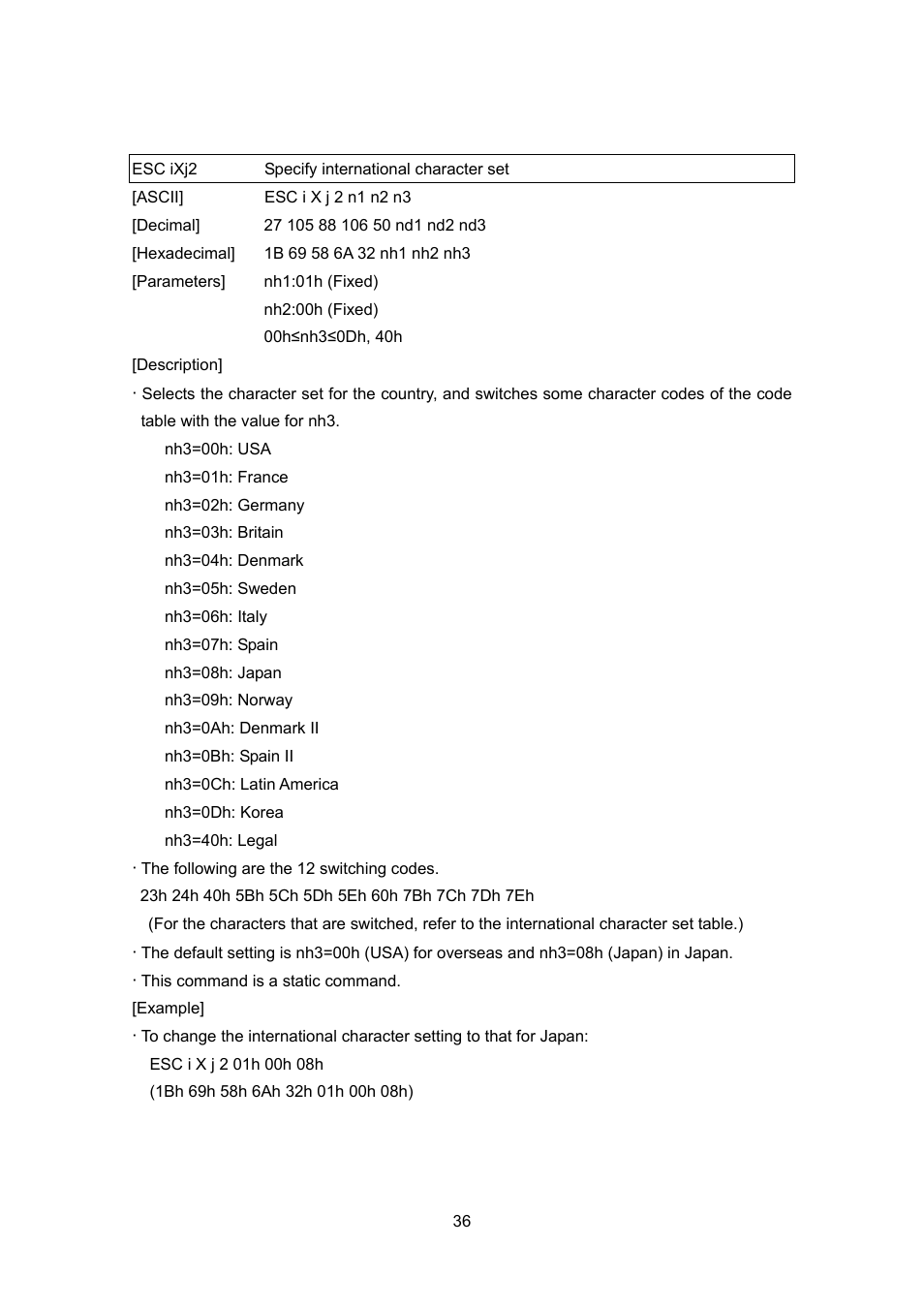 Esc ixj2 specify international character set | Brother MW-260 User Manual | Page 58 / 76