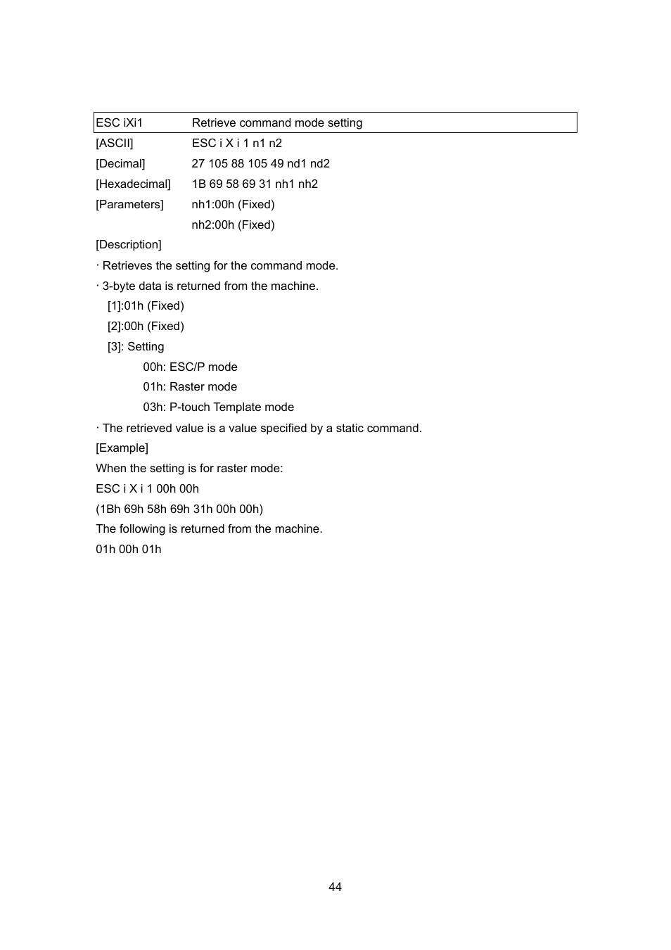 Esc ixi1 retrieve command mode setting | Brother MW-260 User Manual | Page 66 / 76