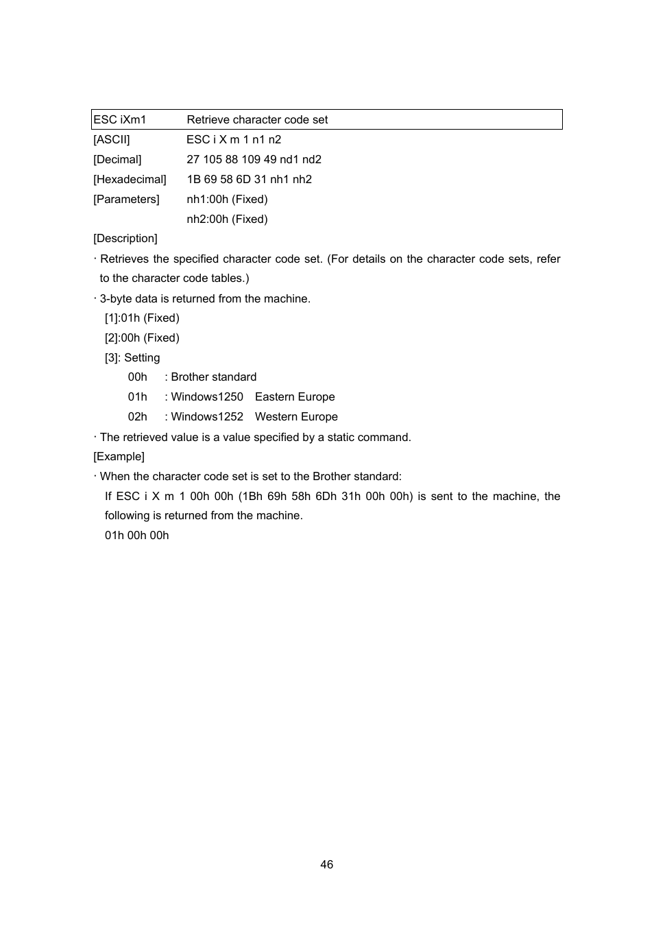 Esc ixm1 retrieve character code set | Brother MW-260 User Manual | Page 68 / 76