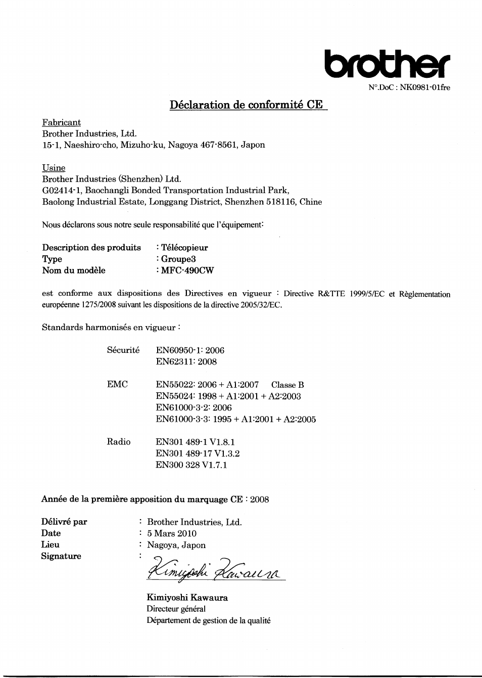 Déclaration de conformité ce, Brother | Brother MFC-490CW User Manual | Page 2 / 7