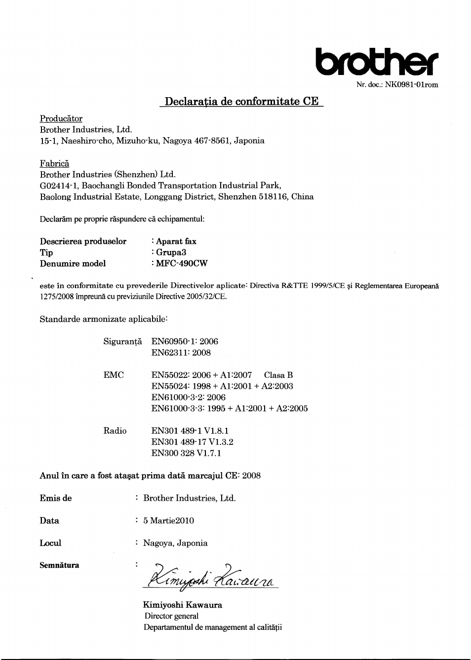 Declaratia de conformitate ce, Semnàtura, Brother | Brother MFC-490CW User Manual | Page 6 / 7
