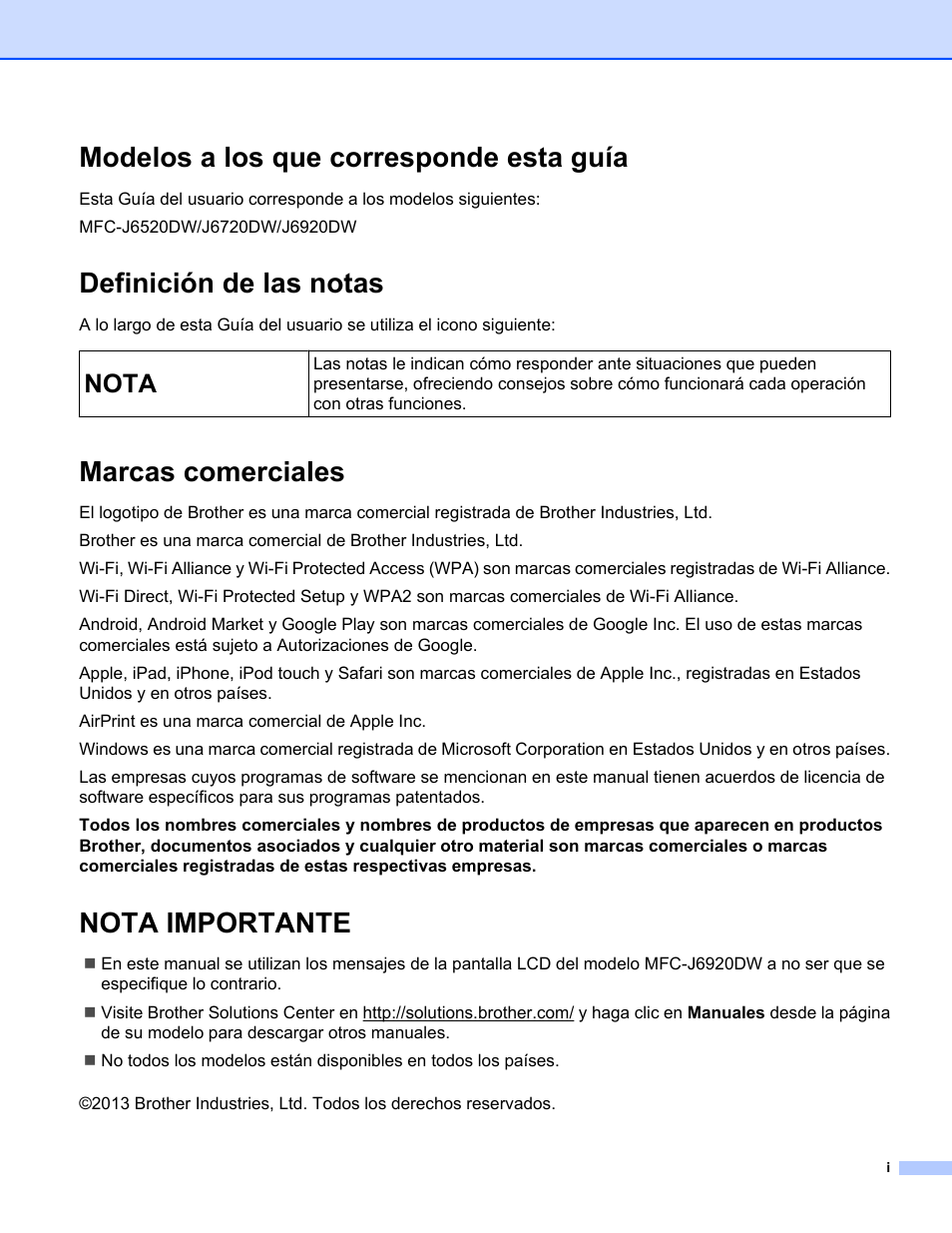 Modelos a los que corresponde esta guía, Definición de las notas, Marcas comerciales | Nota importante, Nota | Brother MFC-J6920DW User Manual | Page 2 / 27
