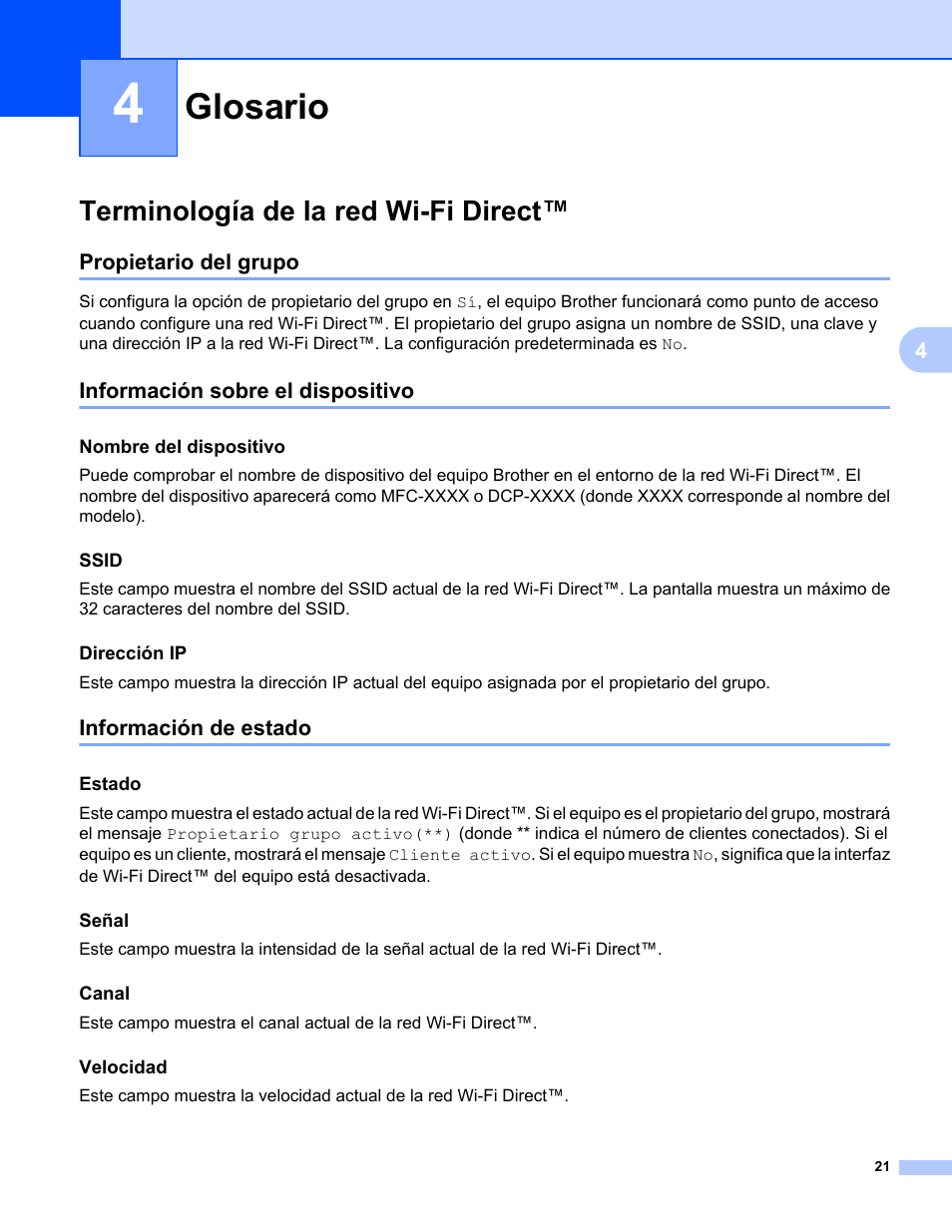 4 glosario, Terminología de la red wi‑fi direct, Propietario del grupo | Información sobre el dispositivo, Nombre del dispositivo, Ssid, Dirección ip, Información de estado, Estado, Señal | Brother MFC-J6920DW User Manual | Page 24 / 27