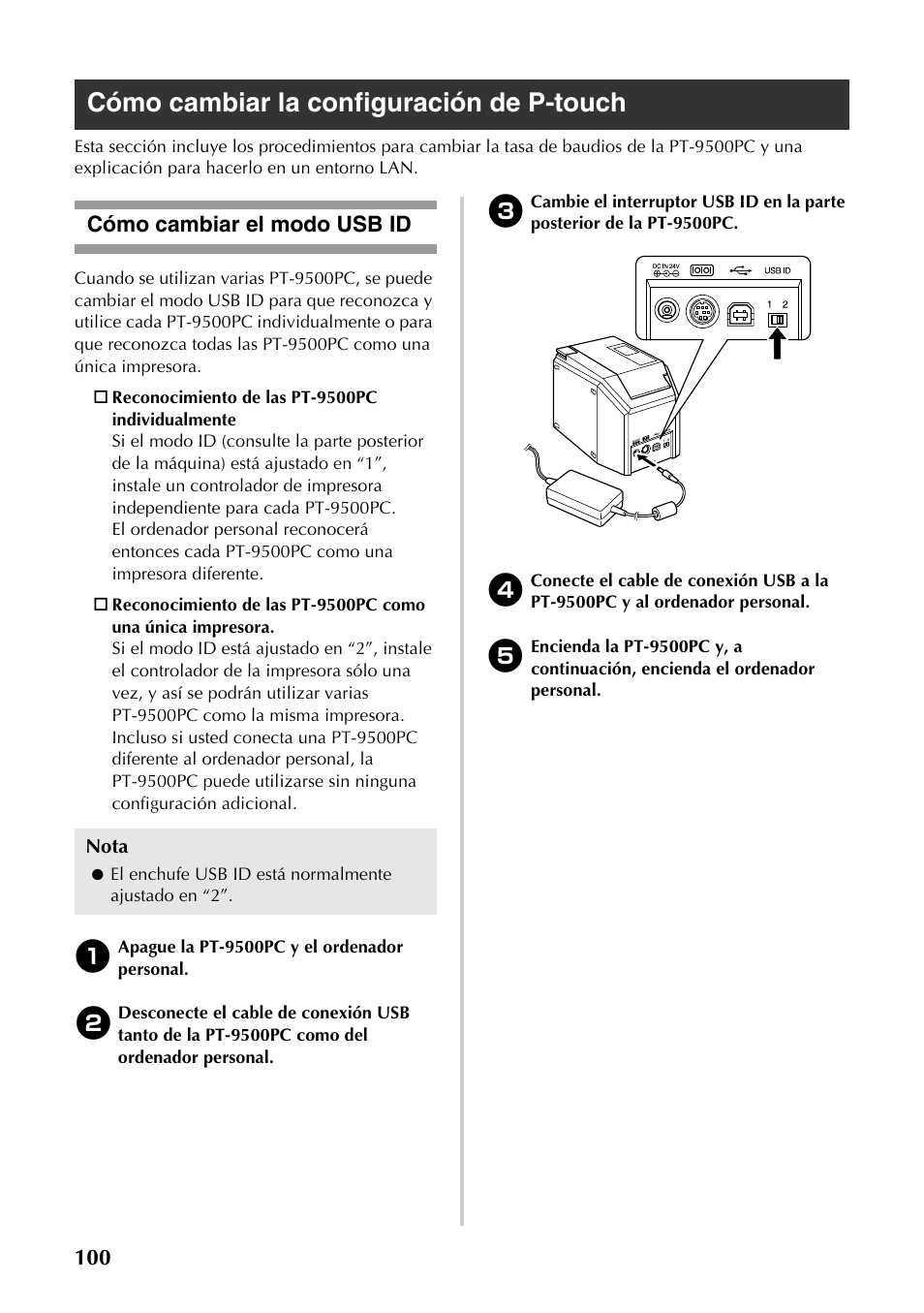 Cómo cambiar la configuración de p-touch, Cómo cambiar el modo usb id | Brother PT-9500PC User Manual | Page 101 / 353