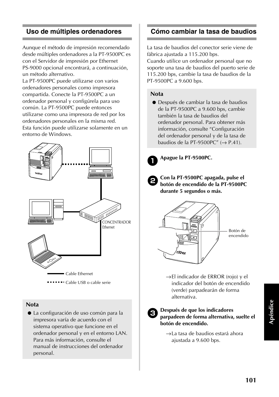 Uso de múltiples ordenadores, Cómo cambiar la tasa de baudios | Brother PT-9500PC User Manual | Page 102 / 353