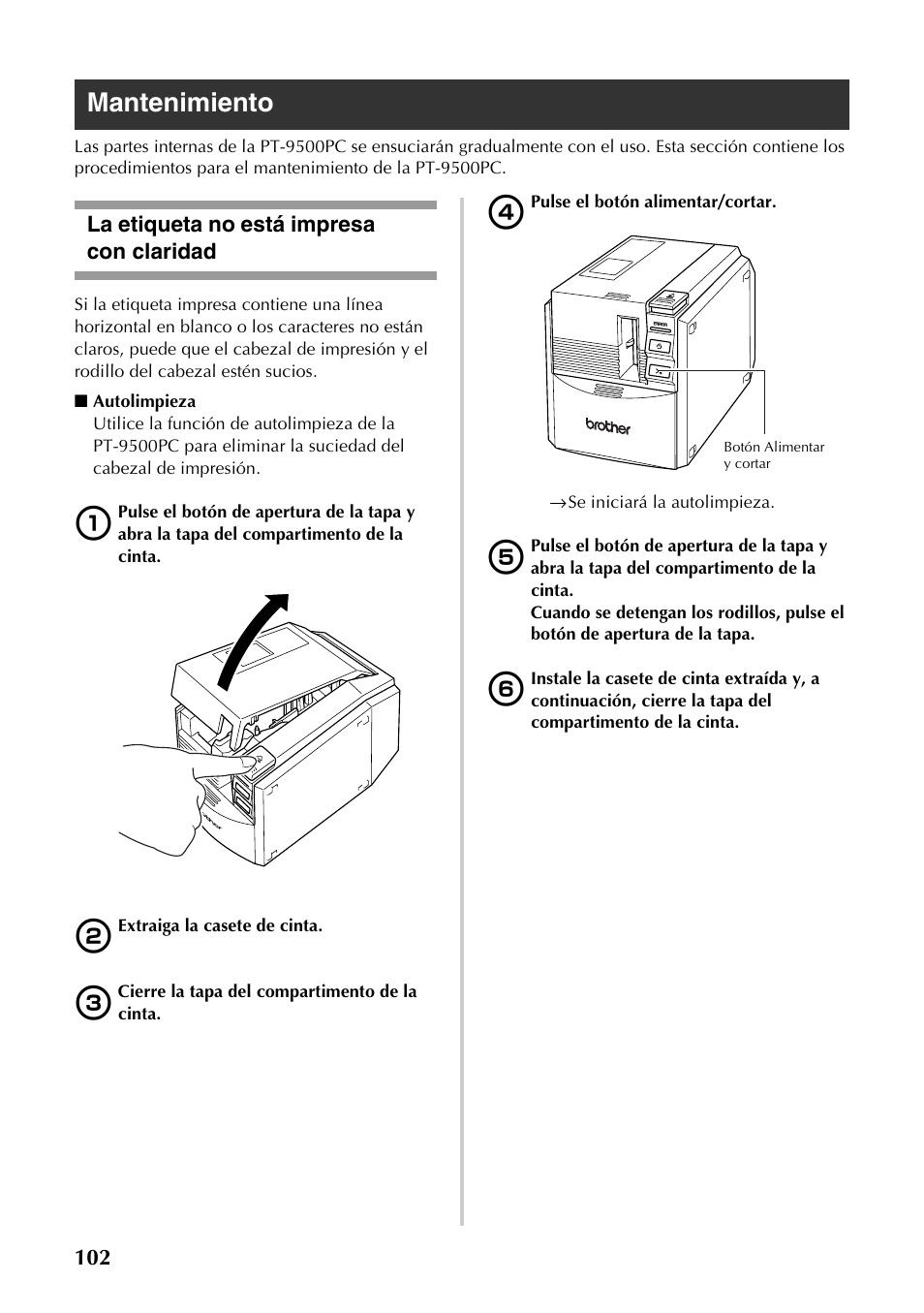 Mantenimiento, La etiqueta no está impresa con claridad | Brother PT-9500PC User Manual | Page 103 / 353