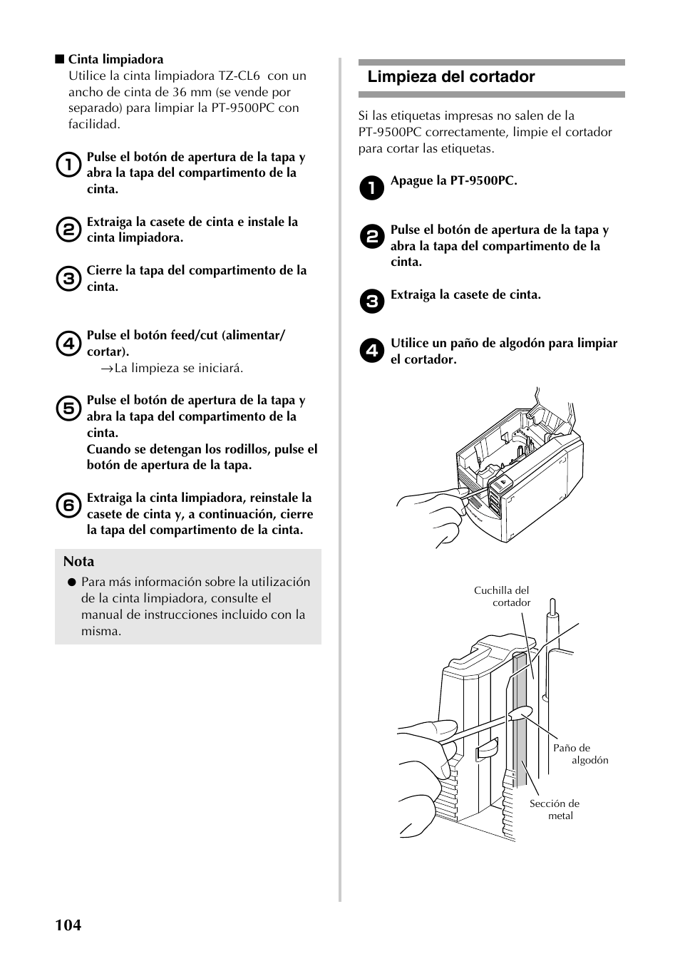 Limpieza del cortador | Brother PT-9500PC User Manual | Page 105 / 353