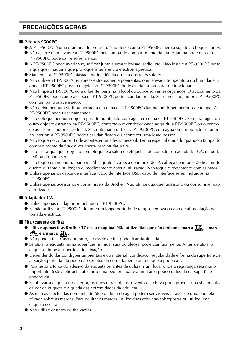 4precauções gerais | Brother PT-9500PC User Manual | Page 122 / 353